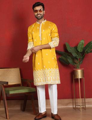 ethnic cotton silk mirror work with floral embroidered detail daman work yellow kurta 4