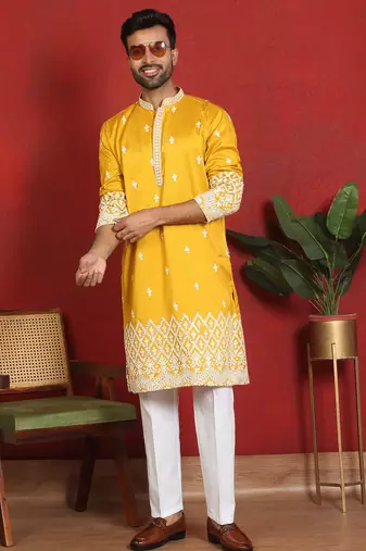 ethnic cotton silk mirror work with floral embroidered detail daman work yellow kurta