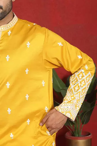 ethnic cotton silk mirror work with floral embroidered detail daman work yellow kurta