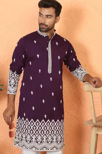ethnic cotton silk mirror work with floral embroidered detail daman work purple kurta