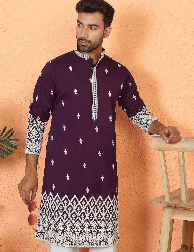 ethnic cotton silk mirror work with floral embroidered detail daman work purple kurta