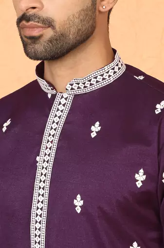 ethnic cotton silk mirror work with floral embroidered detail daman work purple kurta