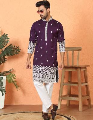 ethnic cotton silk mirror work with floral embroidered detail daman work purple kurta 4