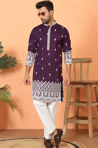ethnic cotton silk mirror work with floral embroidered detail daman work purple kurta