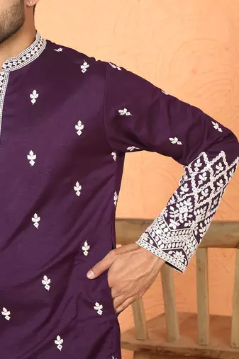 ethnic cotton silk mirror work with floral embroidered detail daman work purple kurta