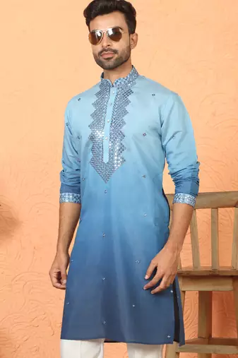 cotton silk ombre mirror work blue kurta