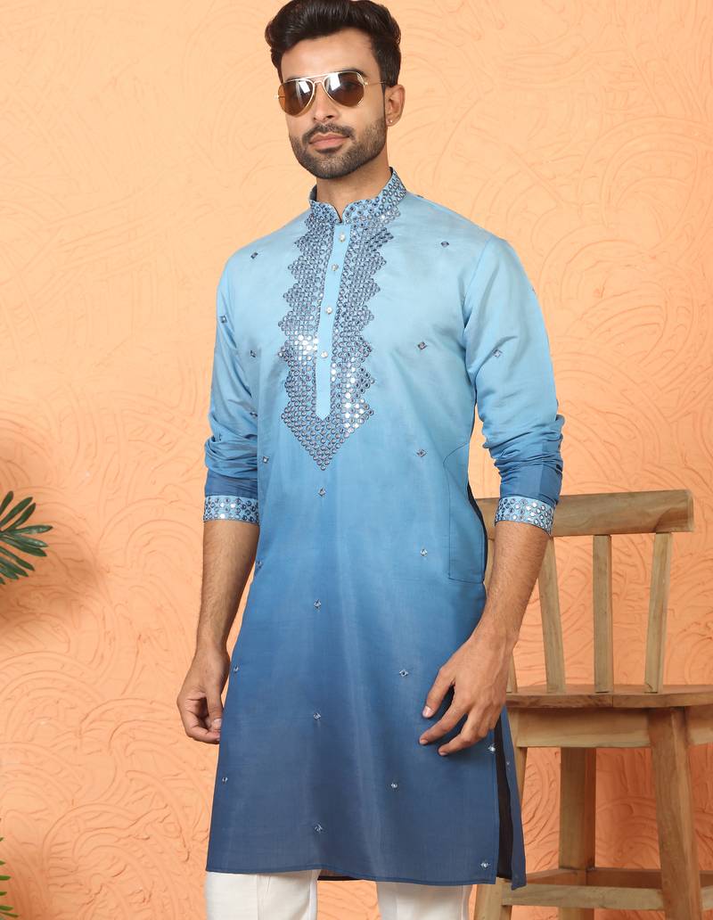 cotton silk ombre mirror work blue kurta