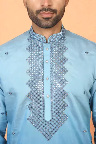 cotton silk ombre mirror work blue kurta