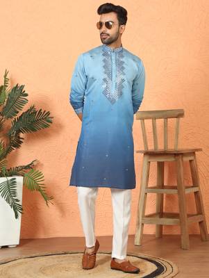 cotton silk ombre mirror work blue kurta 4