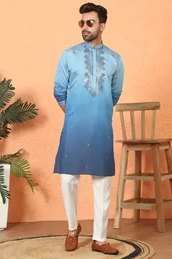 cotton silk ombre mirror work blue kurta