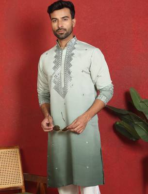 cotton silk ombre mirror work green kurta 1