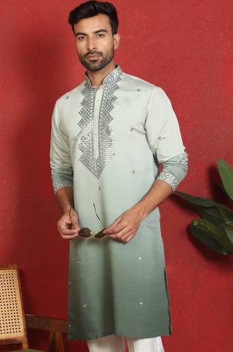 cotton silk ombre mirror work green kurta