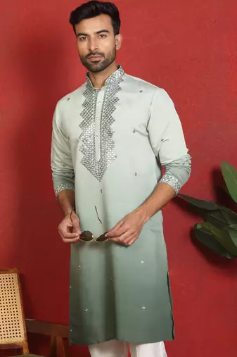 cotton silk ombre mirror work green kurta