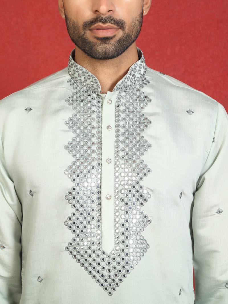cotton silk ombre mirror work green kurta