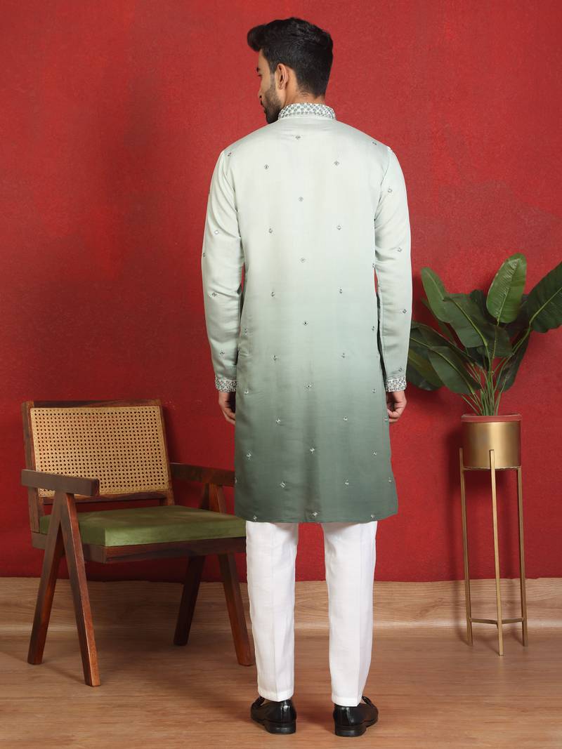 cotton silk ombre mirror work green kurta