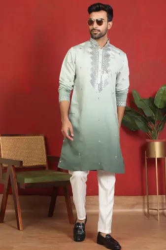 cotton silk ombre mirror work green kurta