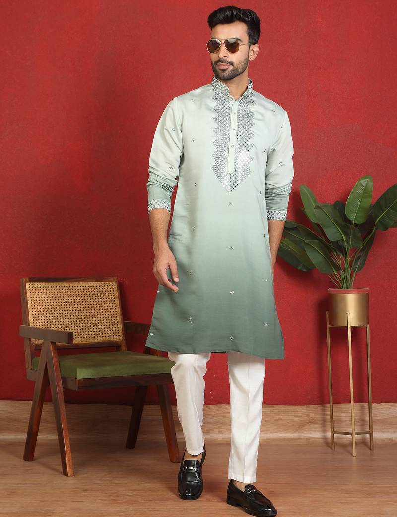 cotton silk ombre mirror work green kurta