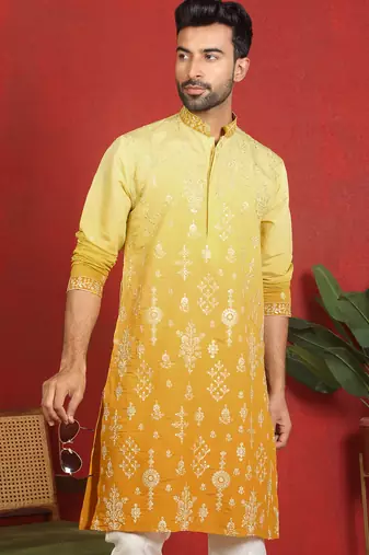 ethnic ombre cotton silk embroidered thread work yellow kurta