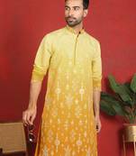 ethnic ombre cotton silk embroidered thread work yellow kurta