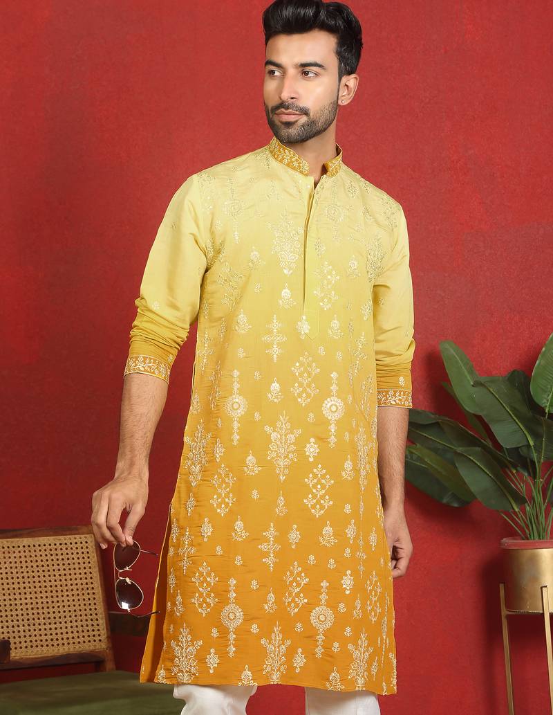 ethnic ombre cotton silk embroidered thread work yellow kurta