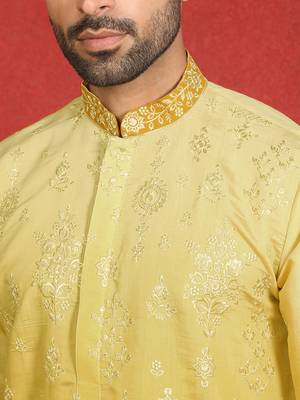 ethnic ombre cotton silk embroidered thread work yellow kurta 2