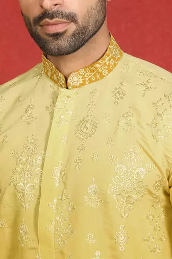 ethnic ombre cotton silk embroidered thread work yellow kurta