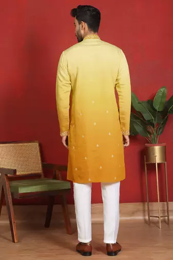 ethnic ombre cotton silk embroidered thread work yellow kurta