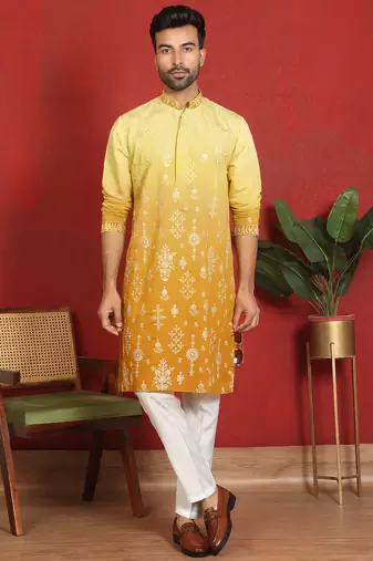 ethnic ombre cotton silk embroidered thread work yellow kurta