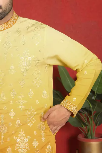 ethnic ombre cotton silk embroidered thread work yellow kurta