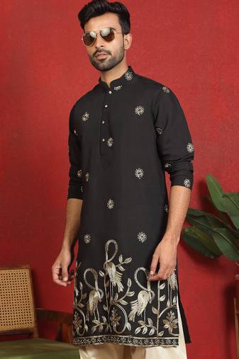 ethnic cotton silk detail daman work animal embroidered black kurta