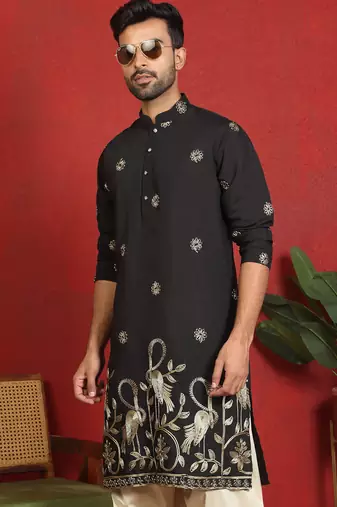 ethnic cotton silk detail daman work animal embroidered black kurta