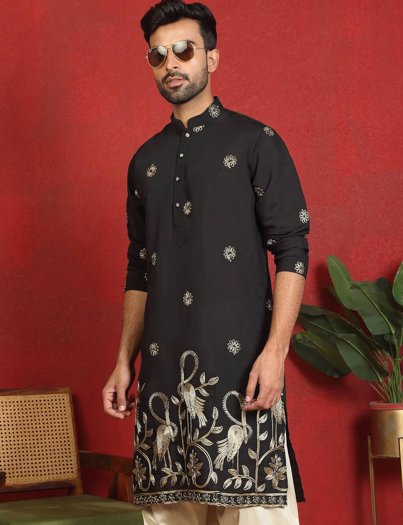 ethnic cotton silk detail daman work animal embroidered black kurta