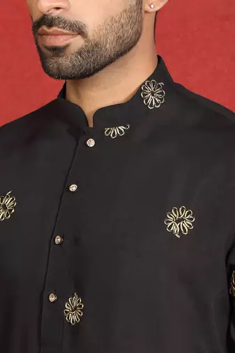 ethnic cotton silk detail daman work animal embroidered black kurta