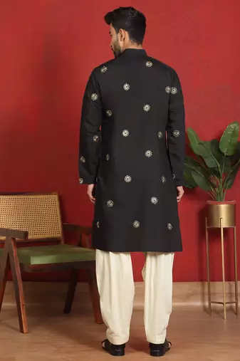 ethnic cotton silk detail daman work animal embroidered black kurta