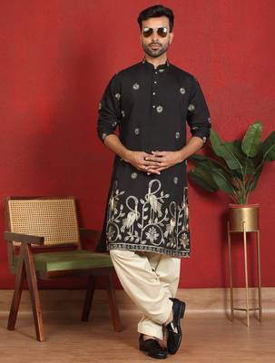 ethnic cotton silk detail daman work animal embroidered black kurta 4