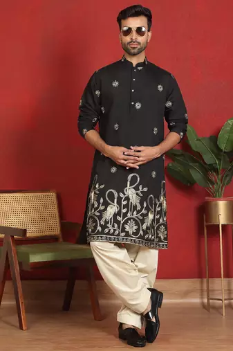 ethnic cotton silk detail daman work animal embroidered black kurta