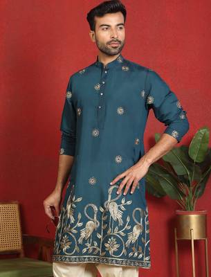ethnic cotton silk detail daman work animal embroidered blue kurta 1