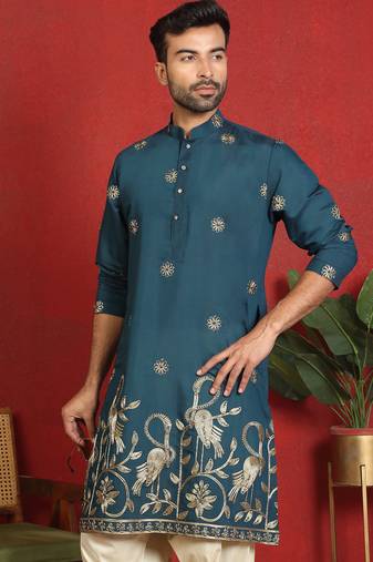 ethnic cotton silk detail daman work animal embroidered blue kurta