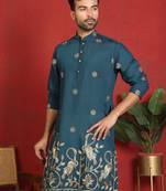 ethnic cotton silk detail daman work animal embroidered blue kurta