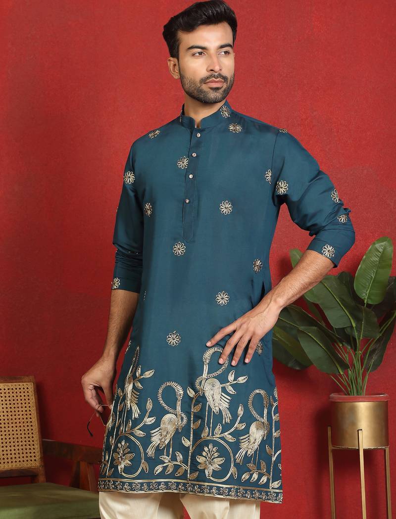 ethnic cotton silk detail daman work animal embroidered blue kurta