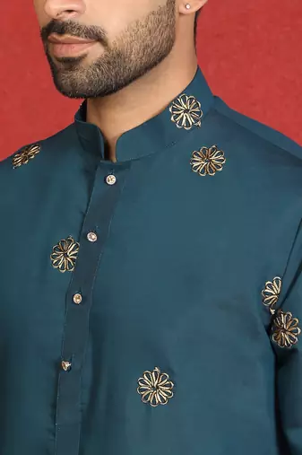 ethnic cotton silk detail daman work animal embroidered blue kurta
