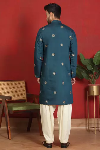 ethnic cotton silk detail daman work animal embroidered blue kurta