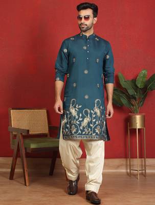 ethnic cotton silk detail daman work animal embroidered blue kurta 4