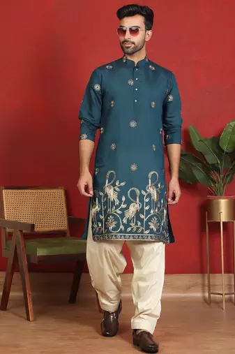 ethnic cotton silk detail daman work animal embroidered blue kurta