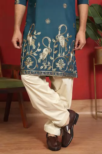ethnic cotton silk detail daman work animal embroidered blue kurta