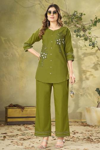 Ollive pure cotton embroidered co-ord set