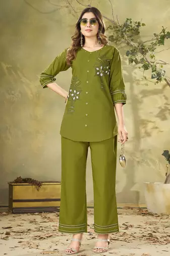 Ollive pure cotton embroidered co-ord set