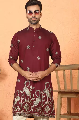 ethnic cotton silk detail daman work animal embroidered maroon kurta