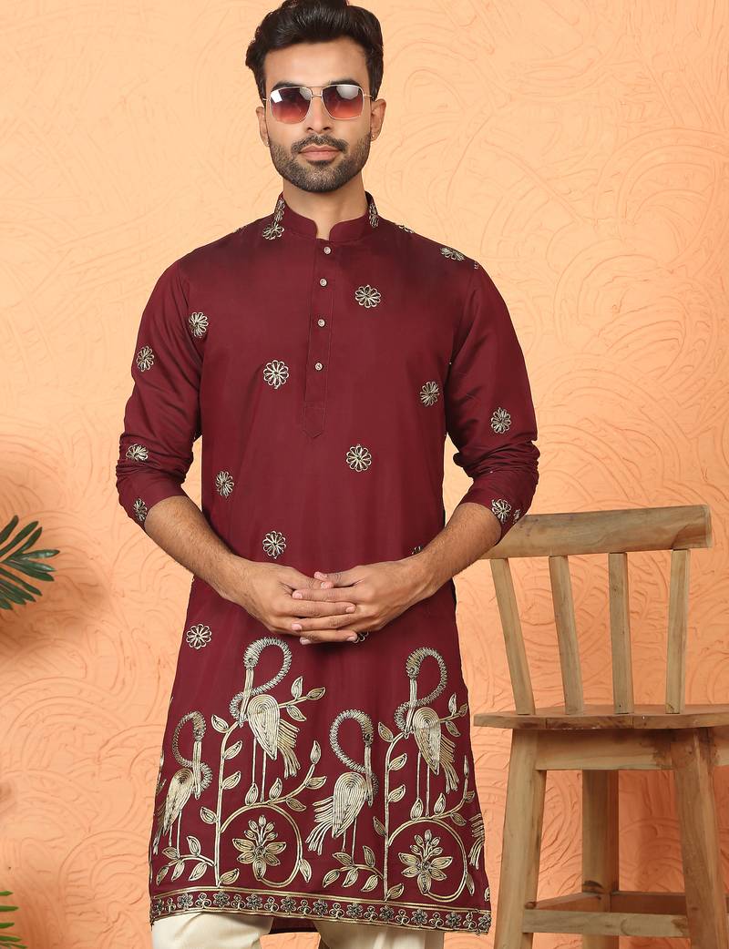 ethnic cotton silk detail daman work animal embroidered maroon kurta