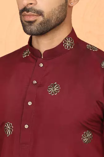 ethnic cotton silk detail daman work animal embroidered maroon kurta